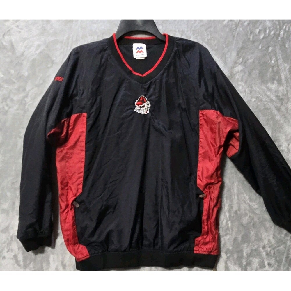 Vtg Mighty Mac Georgia Bulldogs Windbreaker  Pullover Black Red Pockets XL Nylon